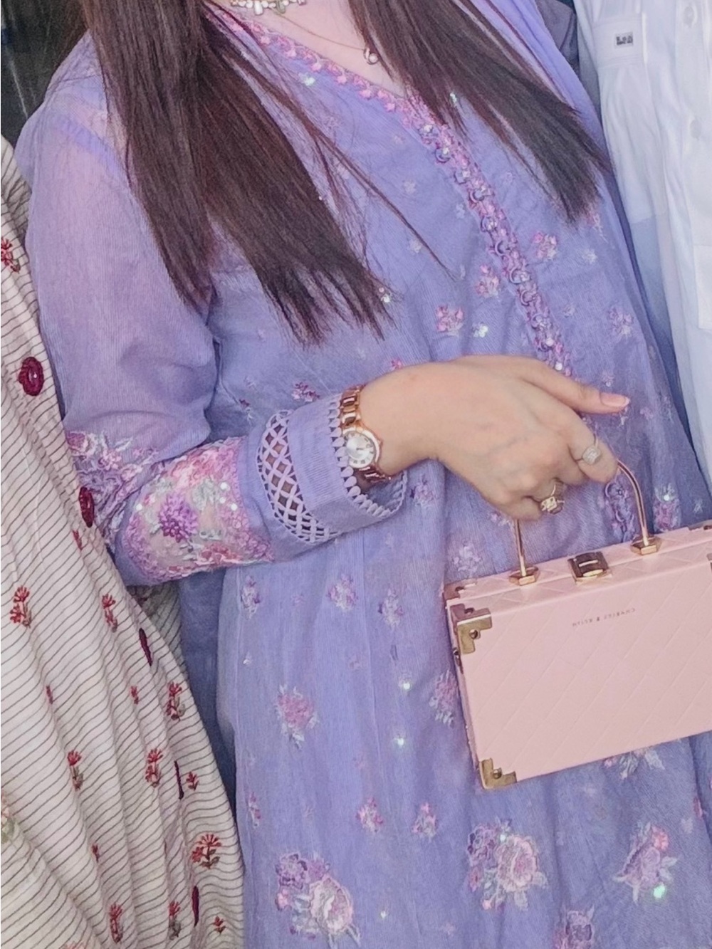 Lilac Floral Embroidered Tunic with Pink Box Bag